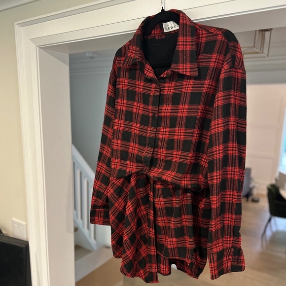 Kate Hewko Black / Red Plaid Long Shirt / Mini Dress w/ attached tank - Size L - Picture 5 of 13